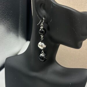 Silver and Black Bead Drop Earrings - Women Jewelry